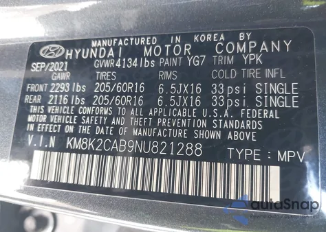 2022 Hyundai Kona Se from USA, damaged, VIN KM8K2CAB9NU821288